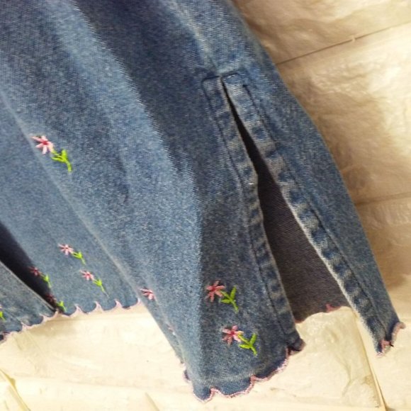 Vintage 80s Toffee Apple Denim Shirt -L Embroidered Daisies Button-Up Vents SS - Picture 5 of 10